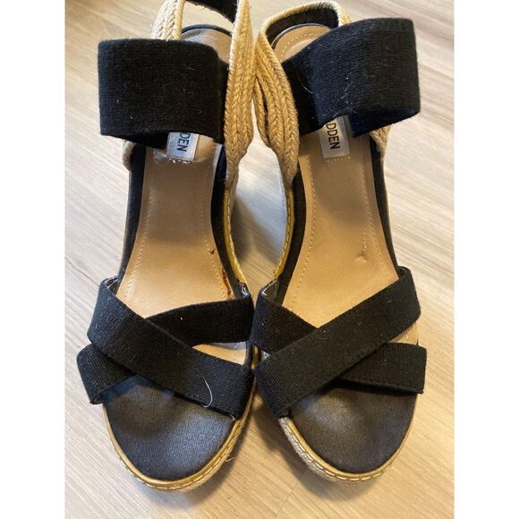 Steve Madden Eira, women’s black open toed espadrille high wedges size 9.5 - Picture 2 of 9